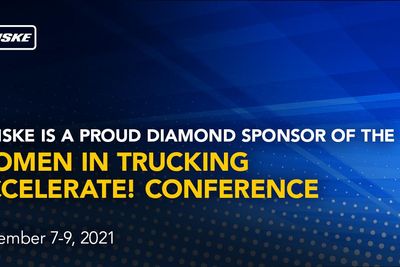 Graphic with text "Penske is a proud diamond sponsor of the Women in Trucking Accelerate Conference November 7-9, 2021."