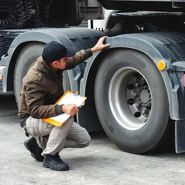 Inspector checking tires on a truck