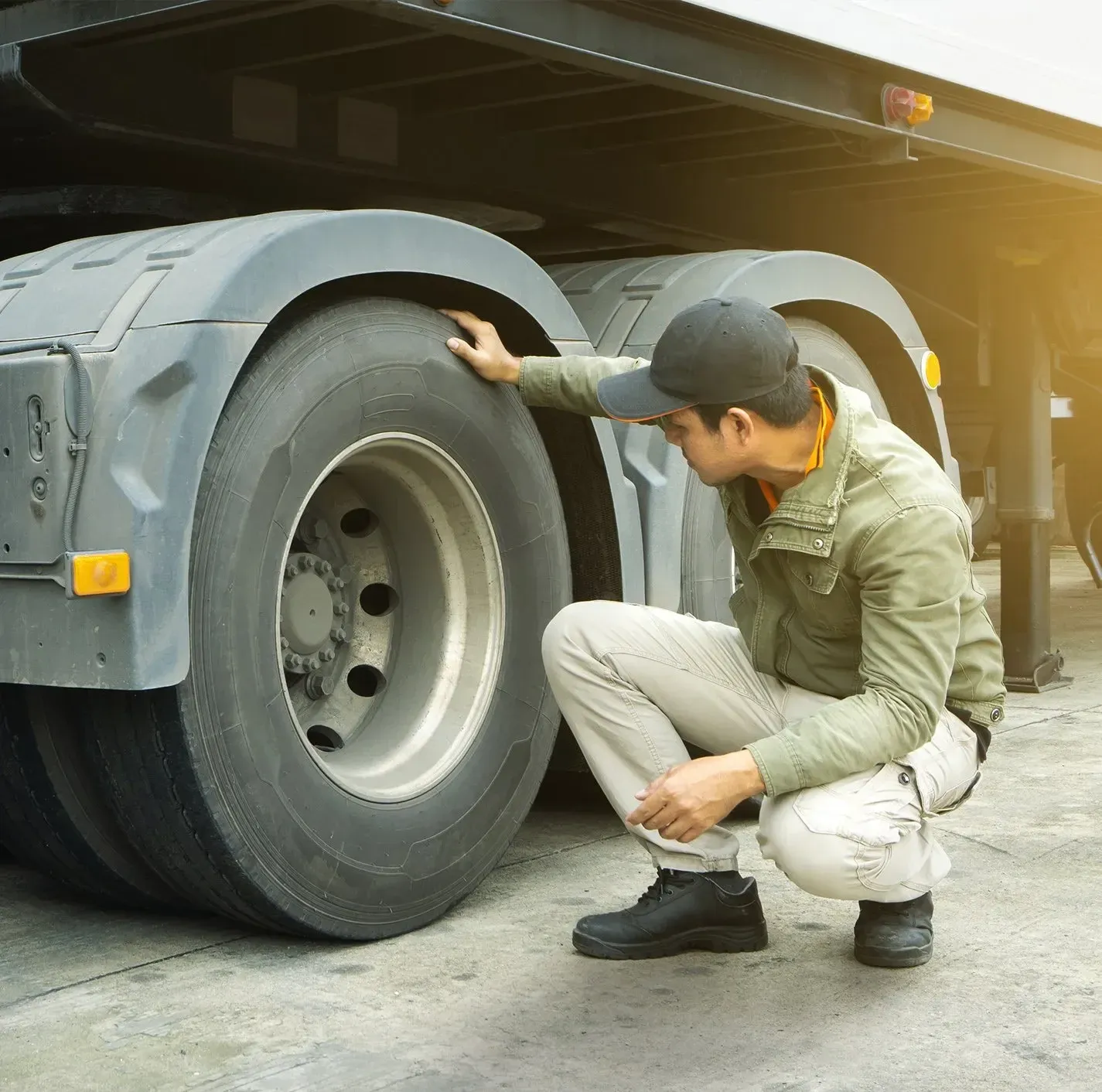 Truck driver inspects truck wheels